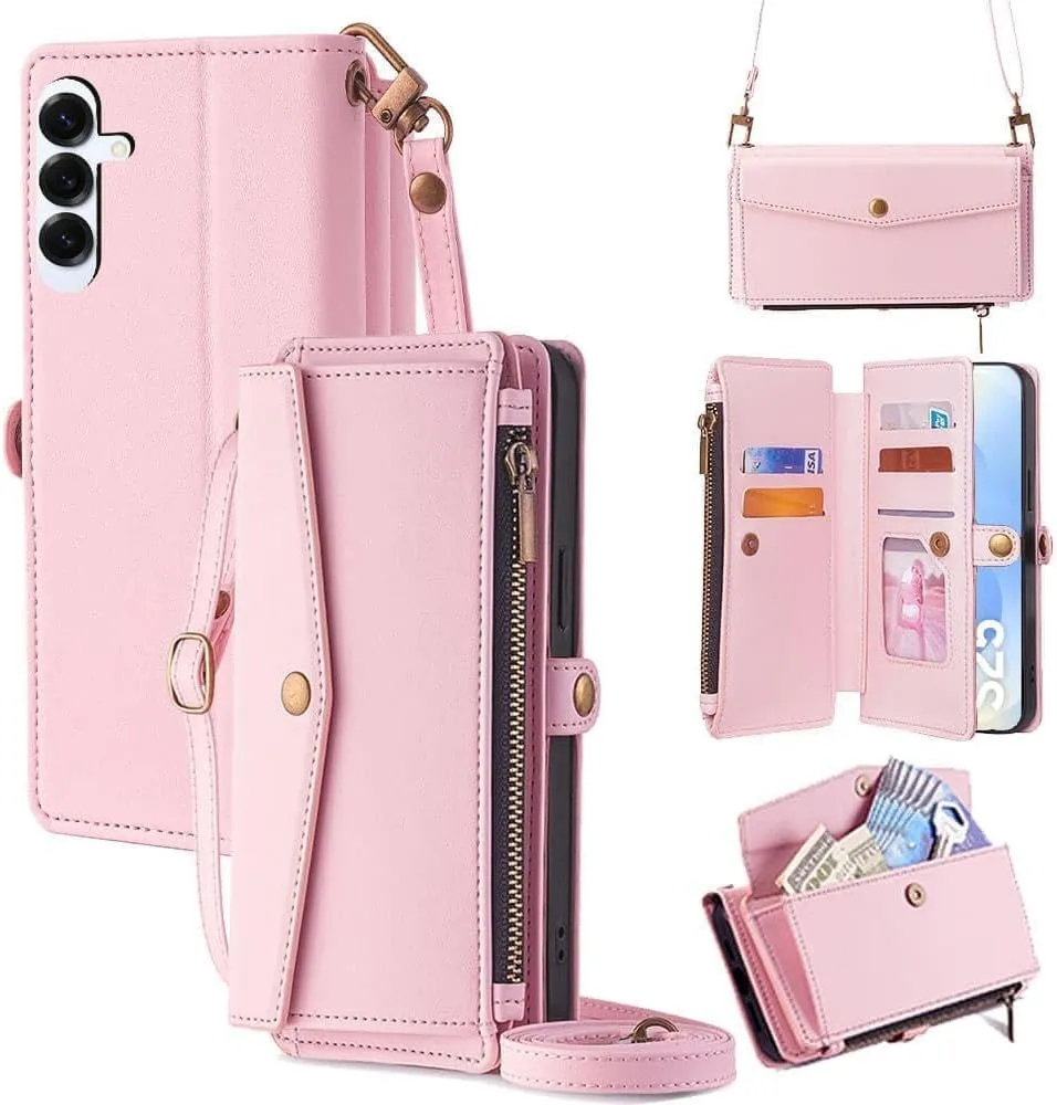 Leedia Crossbody Wallet Case for Galaxy S25 for Women, PU Leather Flip Case with [RFID Blocking] Card Holder, Zipper Handbag Magnetic Snap Wrist Strap for Samsung Galaxy S25 6.2" Red