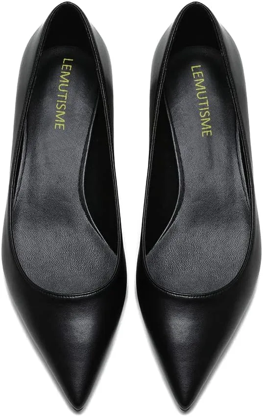 LEMUTISME Women's Classic Pointed Toe 1 Inches Comfort Slip On Low Chunky Heel Dress Pumps Shoes for Office
