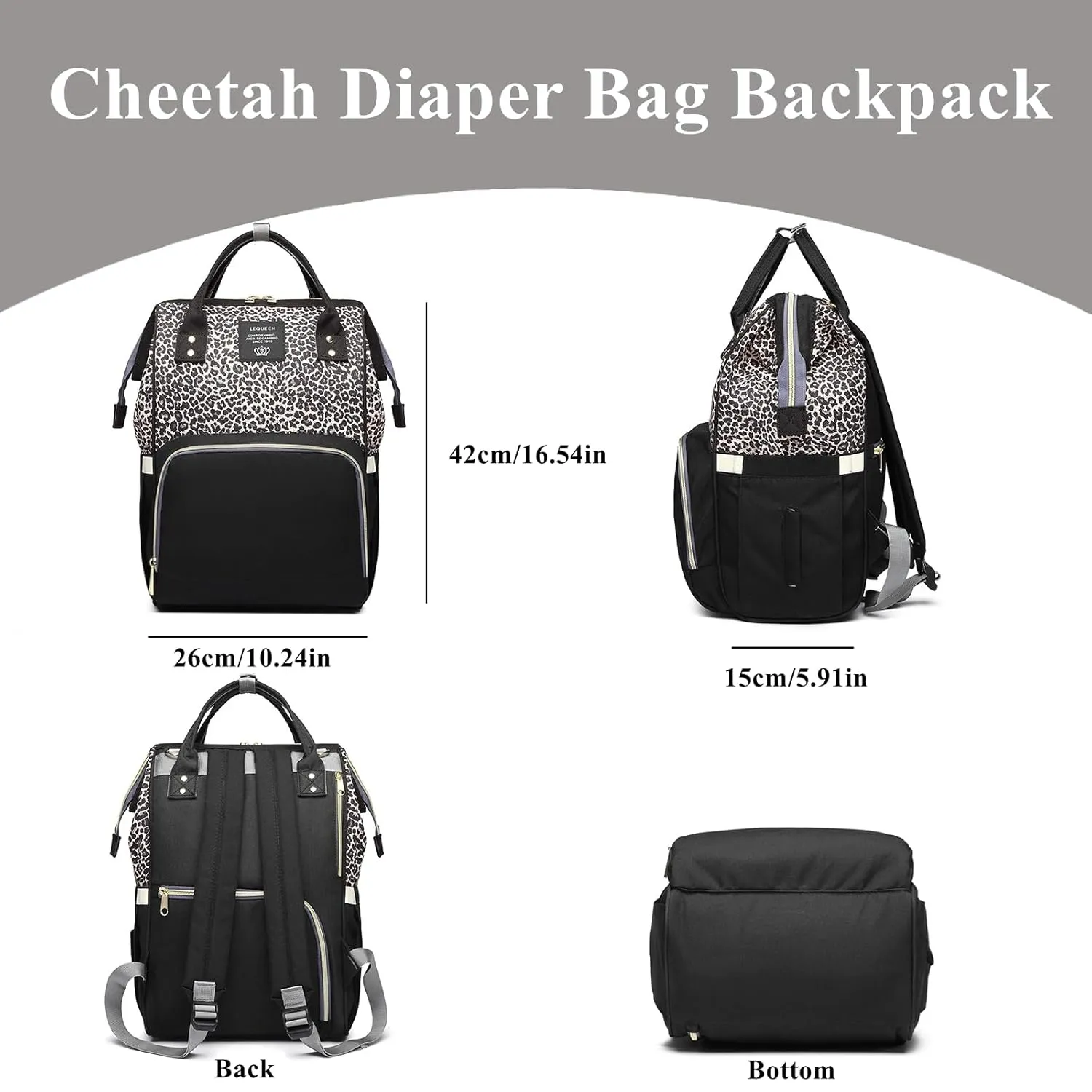 Leopard Print Diaper Bag Backpack Multi-Function Diaper Bag for Baby Care Waterproof Travel Baby Bag for Mom Gray