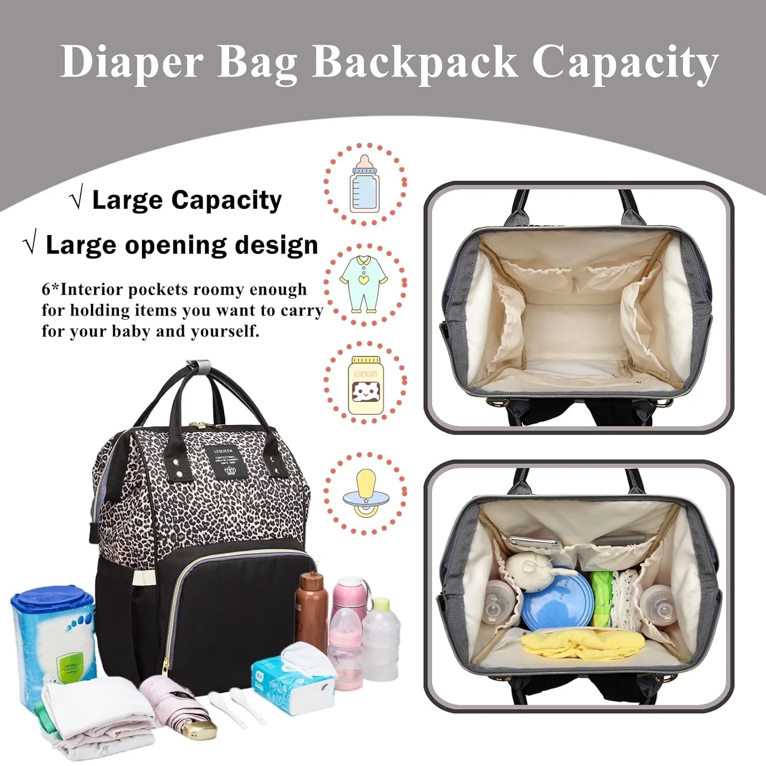 Leopard Print Diaper Bag Backpack Multi-Function Diaper Bag for Baby Care Waterproof Travel Baby Bag for Mom Gray