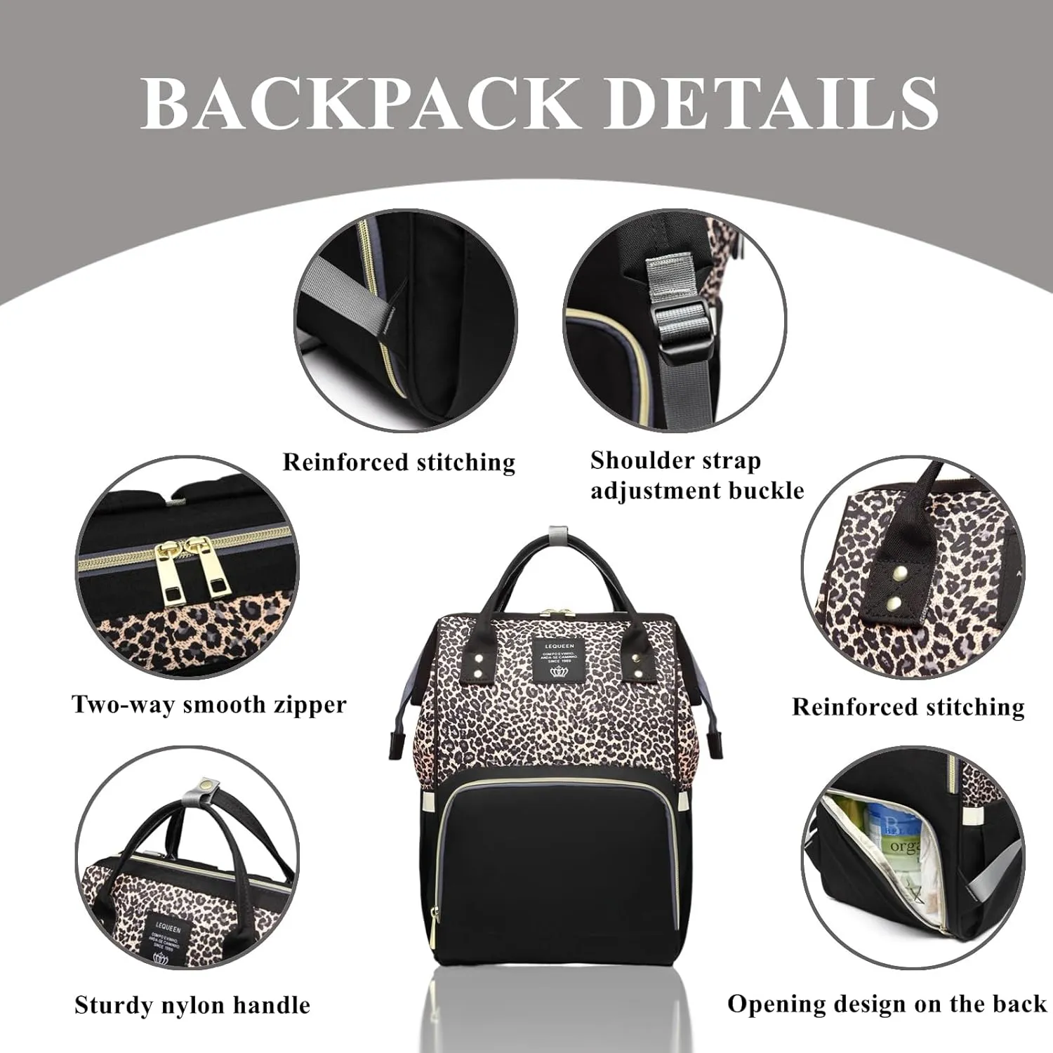 Leopard Print Diaper Bag Backpack Multi-Function Diaper Bag for Baby Care Waterproof Travel Baby Bag for Mom Gray