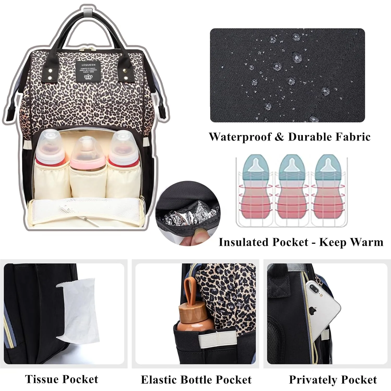 Leopard Print Diaper Bag Backpack Multi-Function Diaper Bag for Baby Care Waterproof Travel Baby Bag for Mom Gray