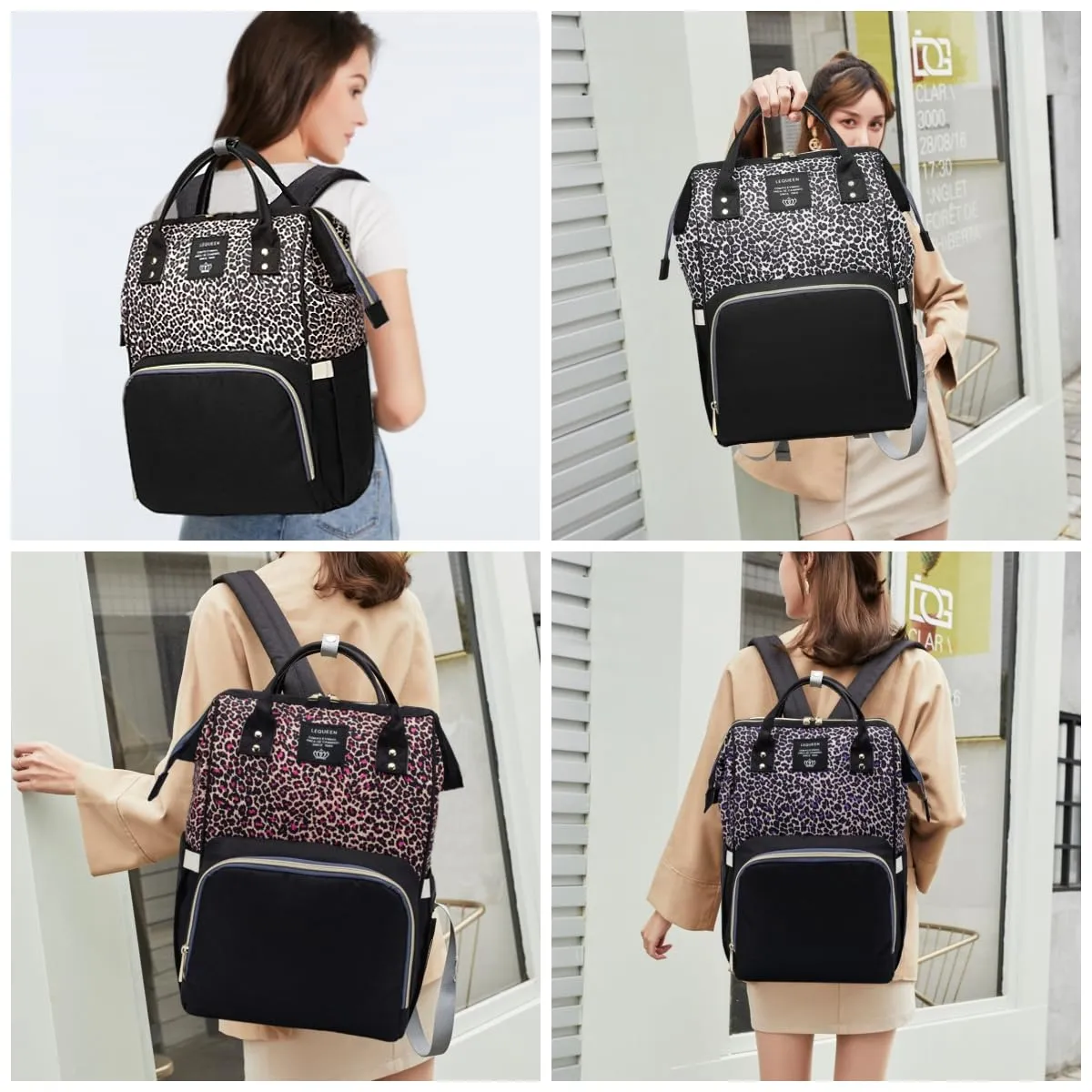 Leopard Print Diaper Bag Backpack Multi-Function Diaper Bag for Baby Care Waterproof Travel Baby Bag for Mom Gray