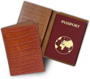 Light Brown Slim Alligator Belly Leather Passport Holder Cover Crocodile Belly Travel Bifold Wallet ID Card Case Premium RFID Blocking Handmade Gift For Men PASS-06