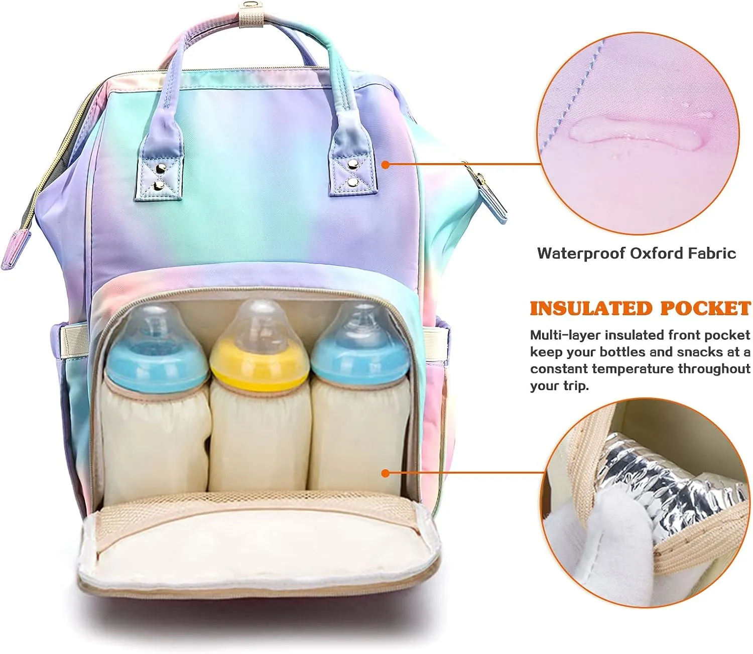 LIMHOO 3 in 1 Diaper Bag Backpack, Multifunction Large Baby Bags with Changing Pad & Stroller Straps, Waterproof Nappy Bag for Mom Baby Care (Rainbow)