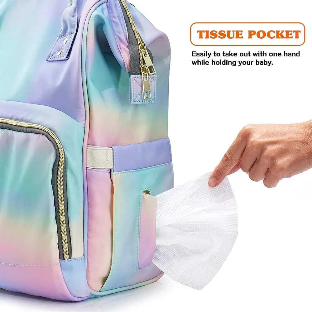 LIMHOO 3 in 1 Diaper Bag Backpack, Multifunction Large Baby Bags with Changing Pad & Stroller Straps, Waterproof Nappy Bag for Mom Baby Care (Rainbow)