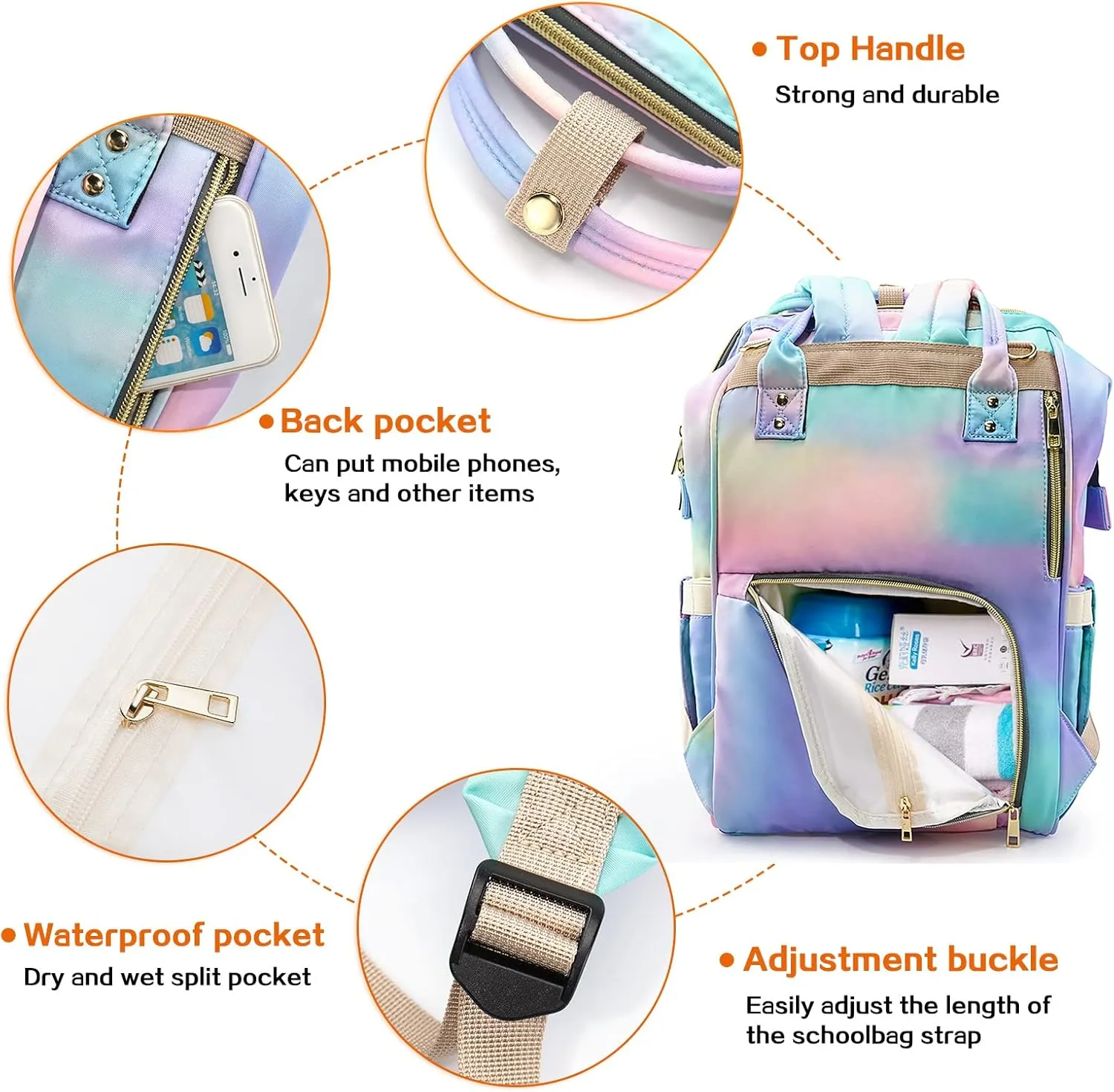 LIMHOO 3 in 1 Diaper Bag Backpack, Multifunction Large Baby Bags with Changing Pad & Stroller Straps, Waterproof Nappy Bag for Mom Baby Care (Rainbow)