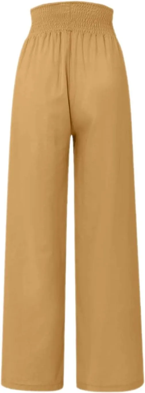 Linen Pants Women Petite Dressy Button Wide Leg Plus Size Pants Business Work High Waisted Pants with Pockets