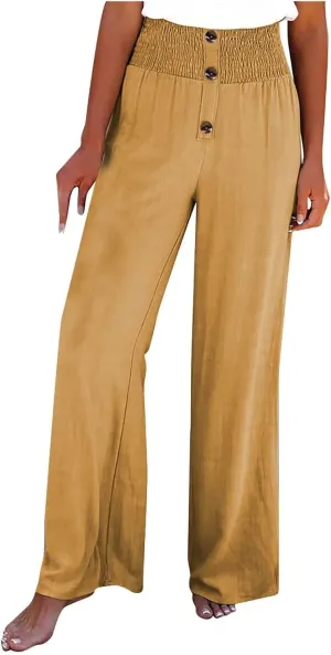 Linen Pants Women Petite Dressy Button Wide Leg Plus Size Pants Business Work High Waisted Pants with Pockets