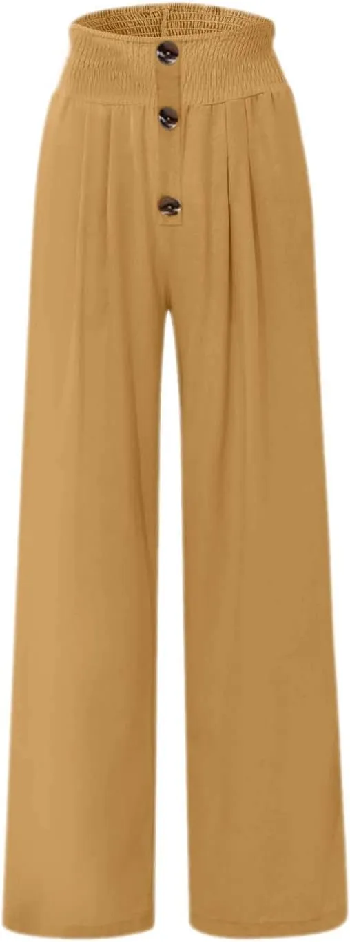 Linen Pants Women Petite Dressy Button Wide Leg Plus Size Pants Business Work High Waisted Pants with Pockets