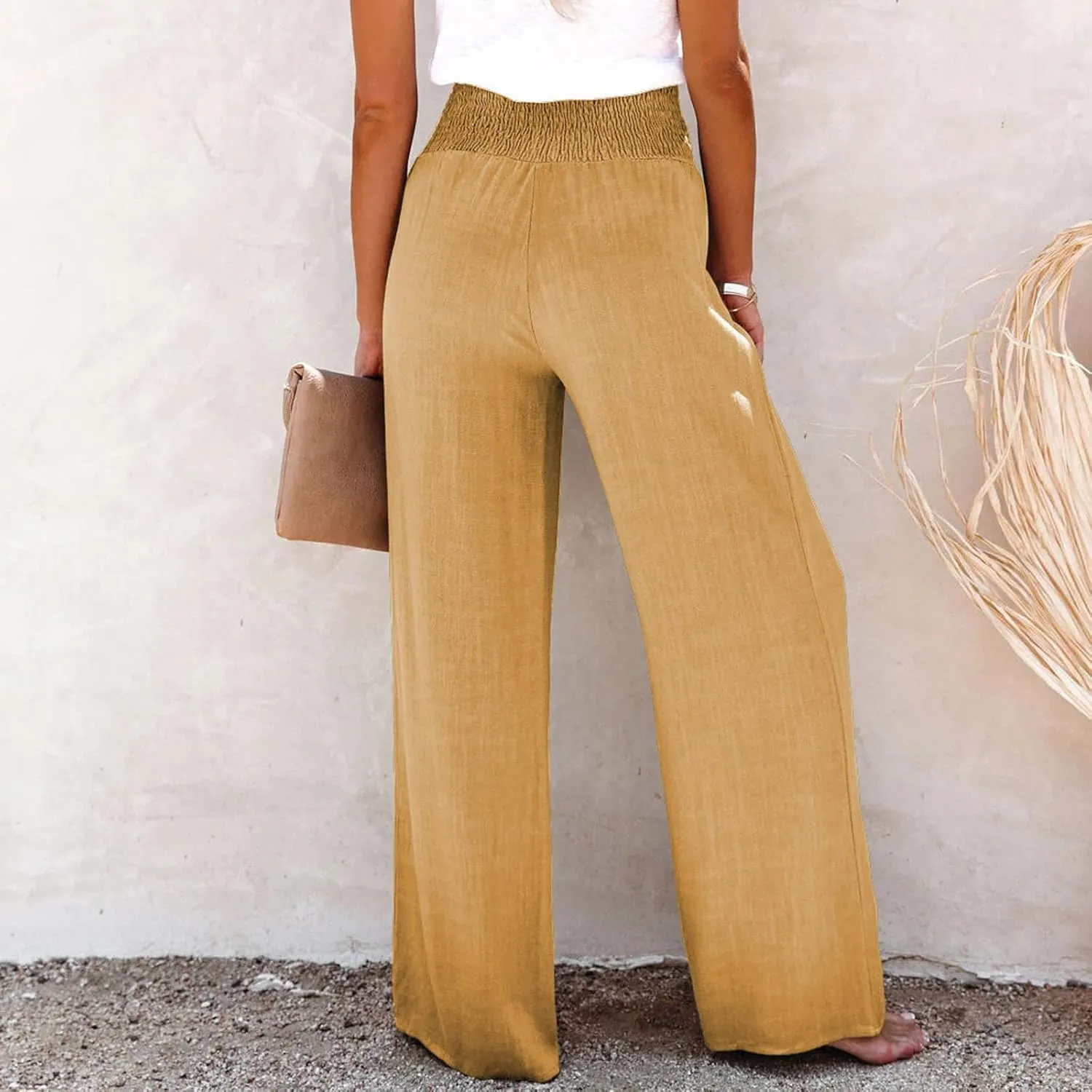 Linen Pants Women Petite Dressy Button Wide Leg Plus Size Pants Business Work High Waisted Pants with Pockets