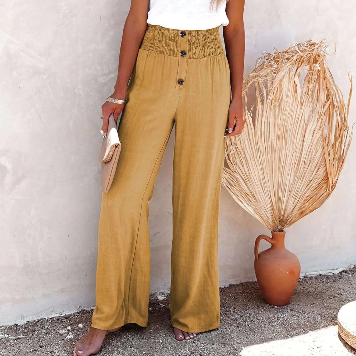 Linen Pants Women Petite Dressy Button Wide Leg Plus Size Pants Business Work High Waisted Pants with Pockets