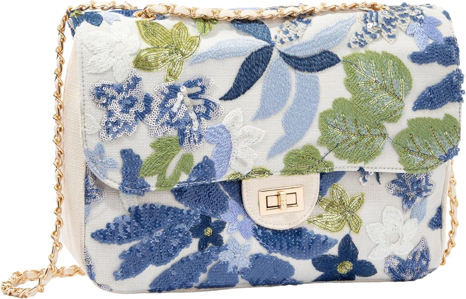 Linen Sequin Embroidered Floral Shoulder Bag with Turn-Lock Flap for Wedding Party
