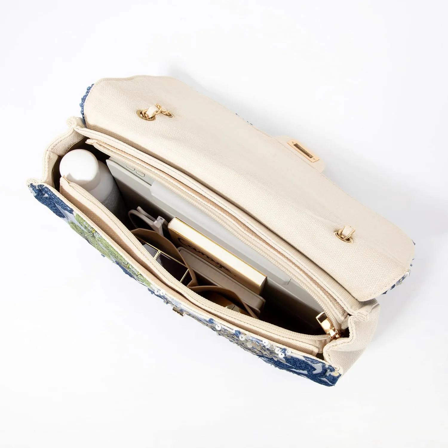 Linen Sequin Embroidered Floral Shoulder Bag with Turn-Lock Flap for Wedding Party