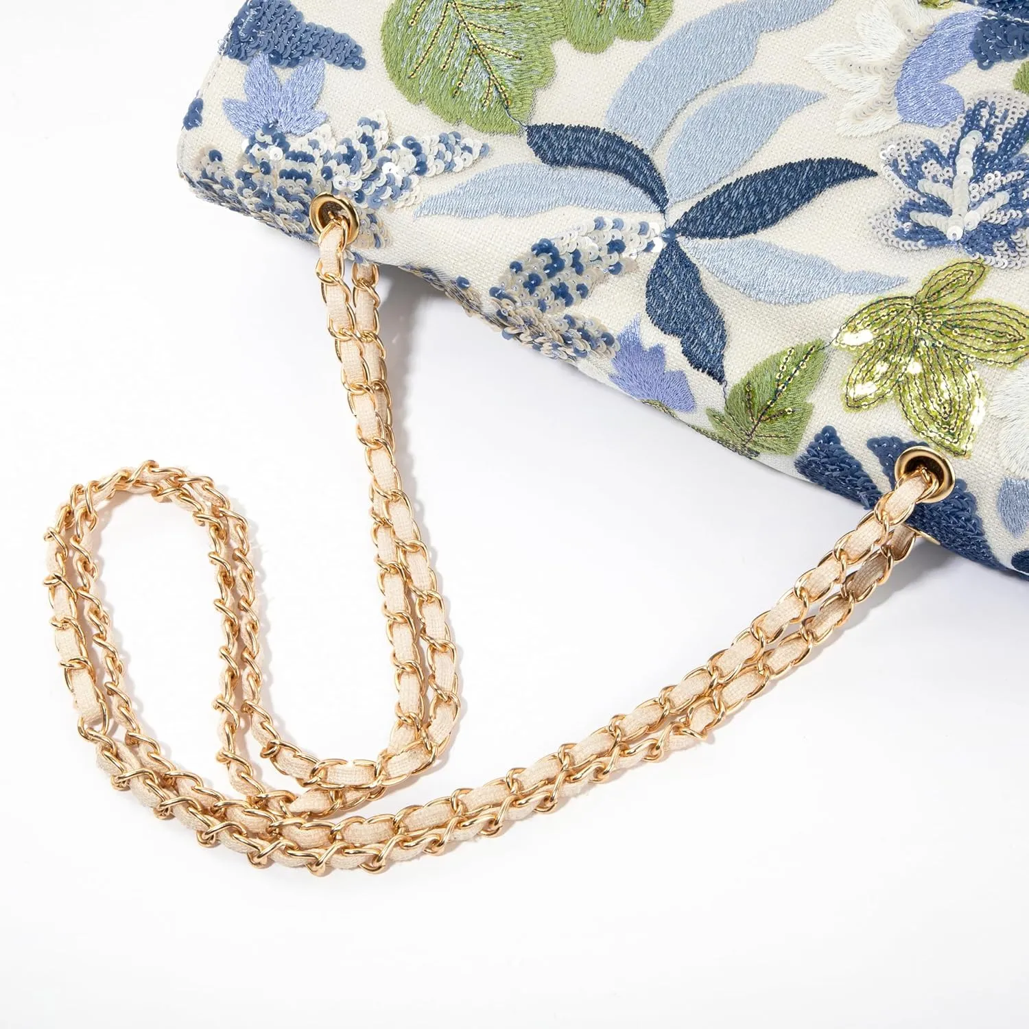 Linen Sequin Embroidered Floral Shoulder Bag with Turn-Lock Flap for Wedding Party