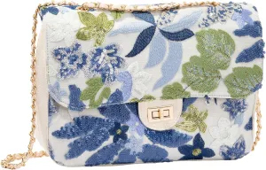 Linen Sequin Embroidered Floral Shoulder Bag with Turn-Lock Flap for Wedding Party