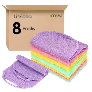 Linkidea 8 Pack Stretchable Pull Strap Exfoliating Towel Bulk Pack, Wholesale Multi-Pack Exfoliating Back Scrubber with Handles, Scrub Bath Washcloths, Deep Cleans Skin for Body Shower