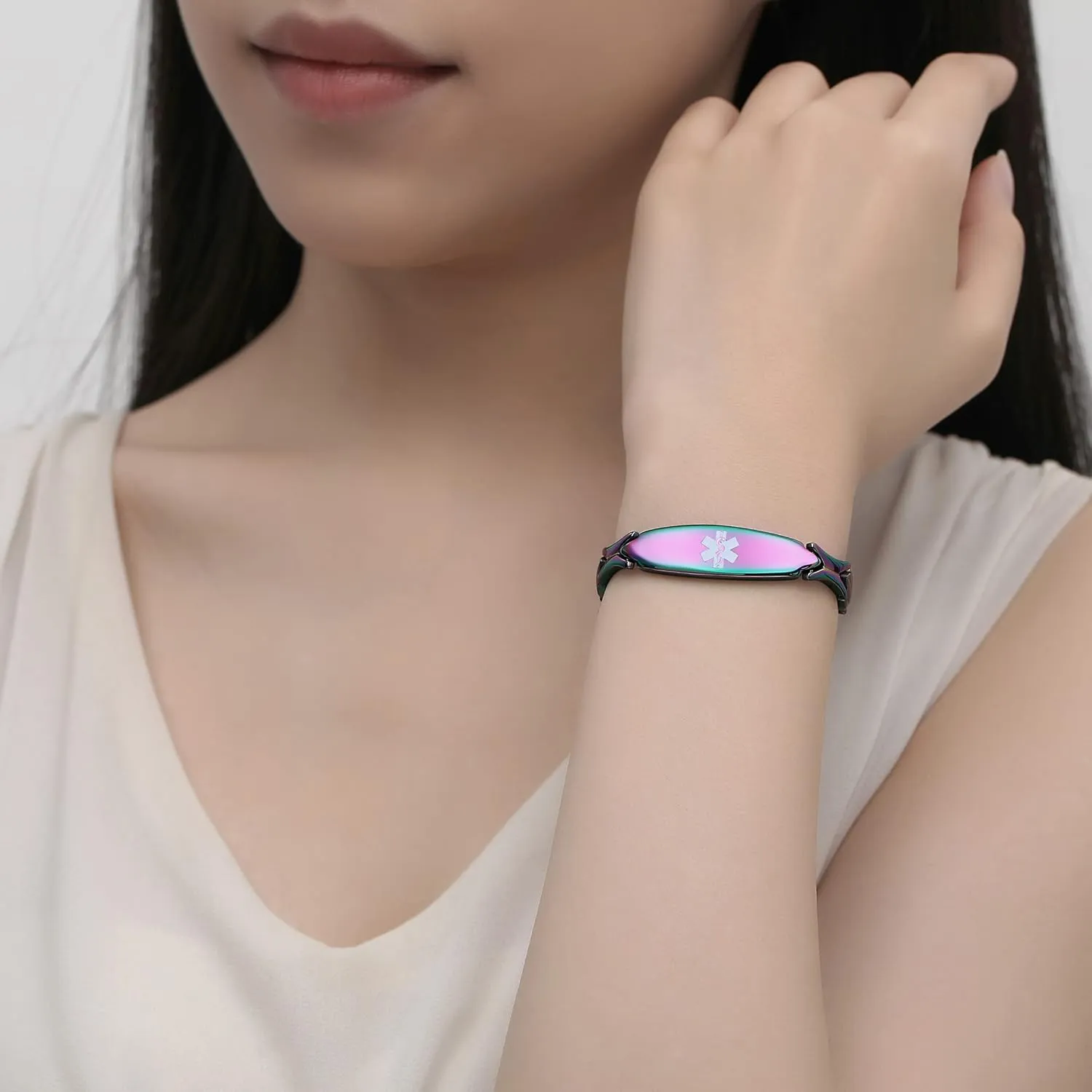 LinnaLove 7 1/2 inch Medical Alert Bracelets for women Stainless Steel Fashion Medical Bracelets Personalized Engraving