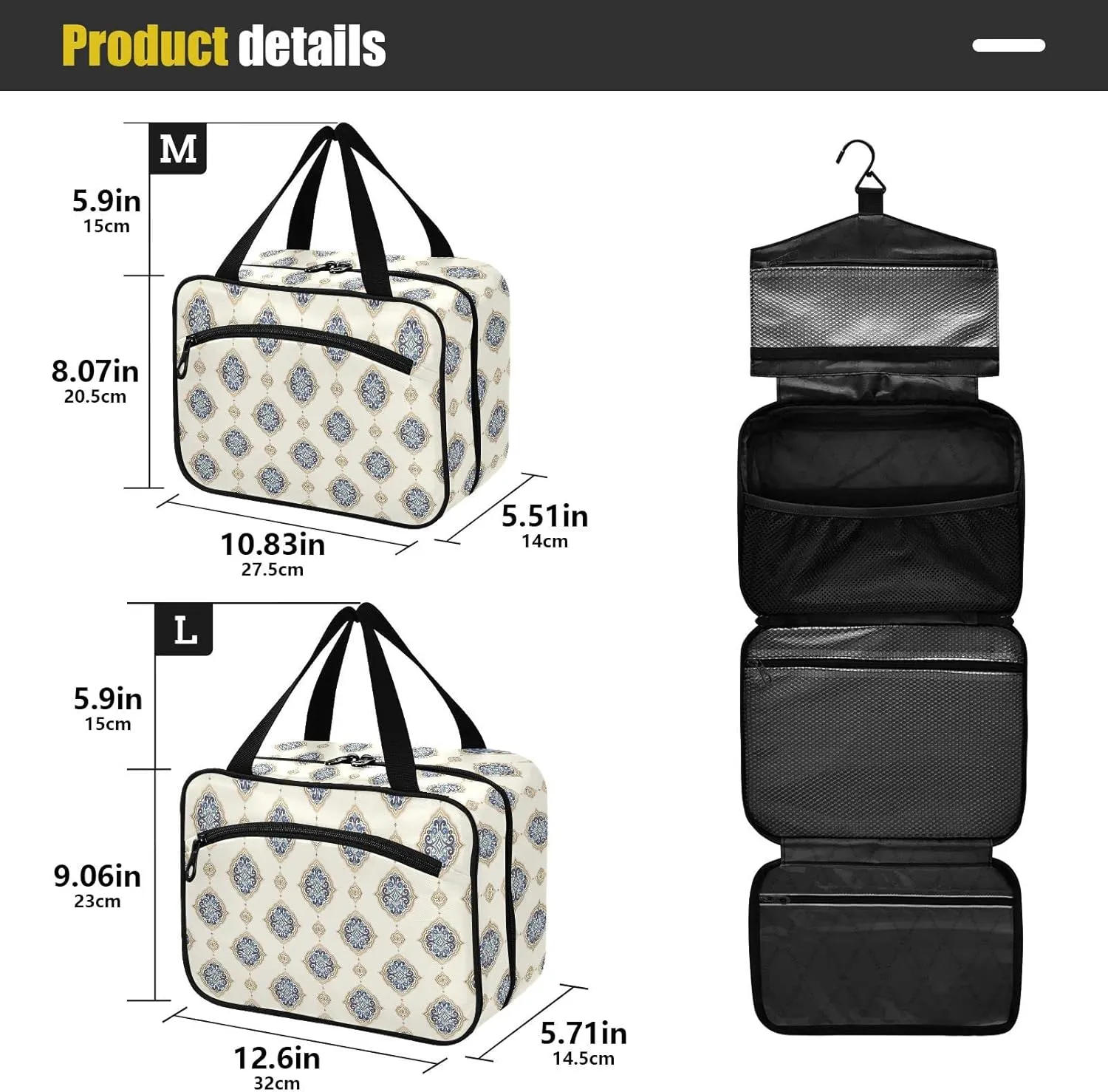 linqin Toiletry Bag for Travel, Blue Gold Luxury Makeup Bag Large Cosmetic Bag Organizer with Hanging Hook for Women Men