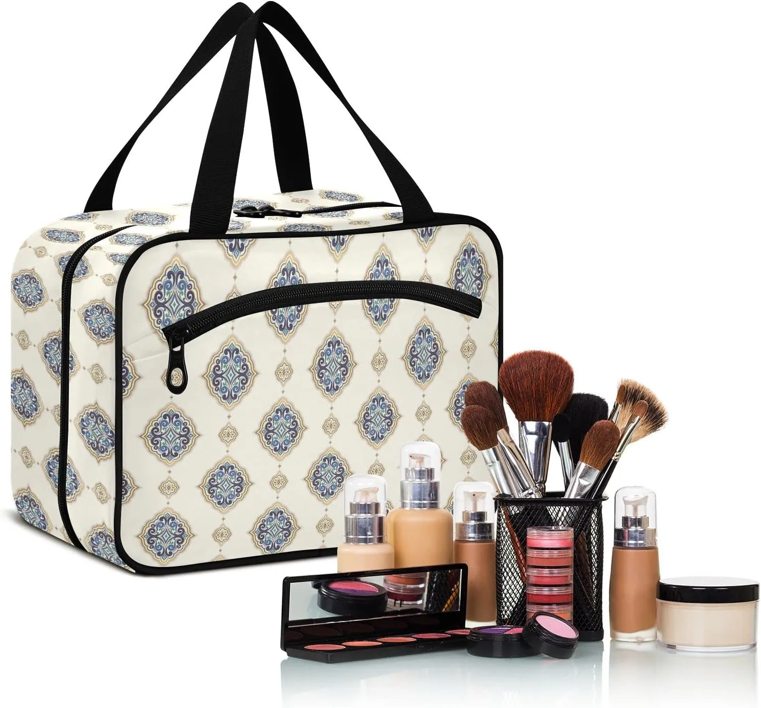 linqin Toiletry Bag for Travel, Blue Gold Luxury Makeup Bag Large Cosmetic Bag Organizer with Hanging Hook for Women Men