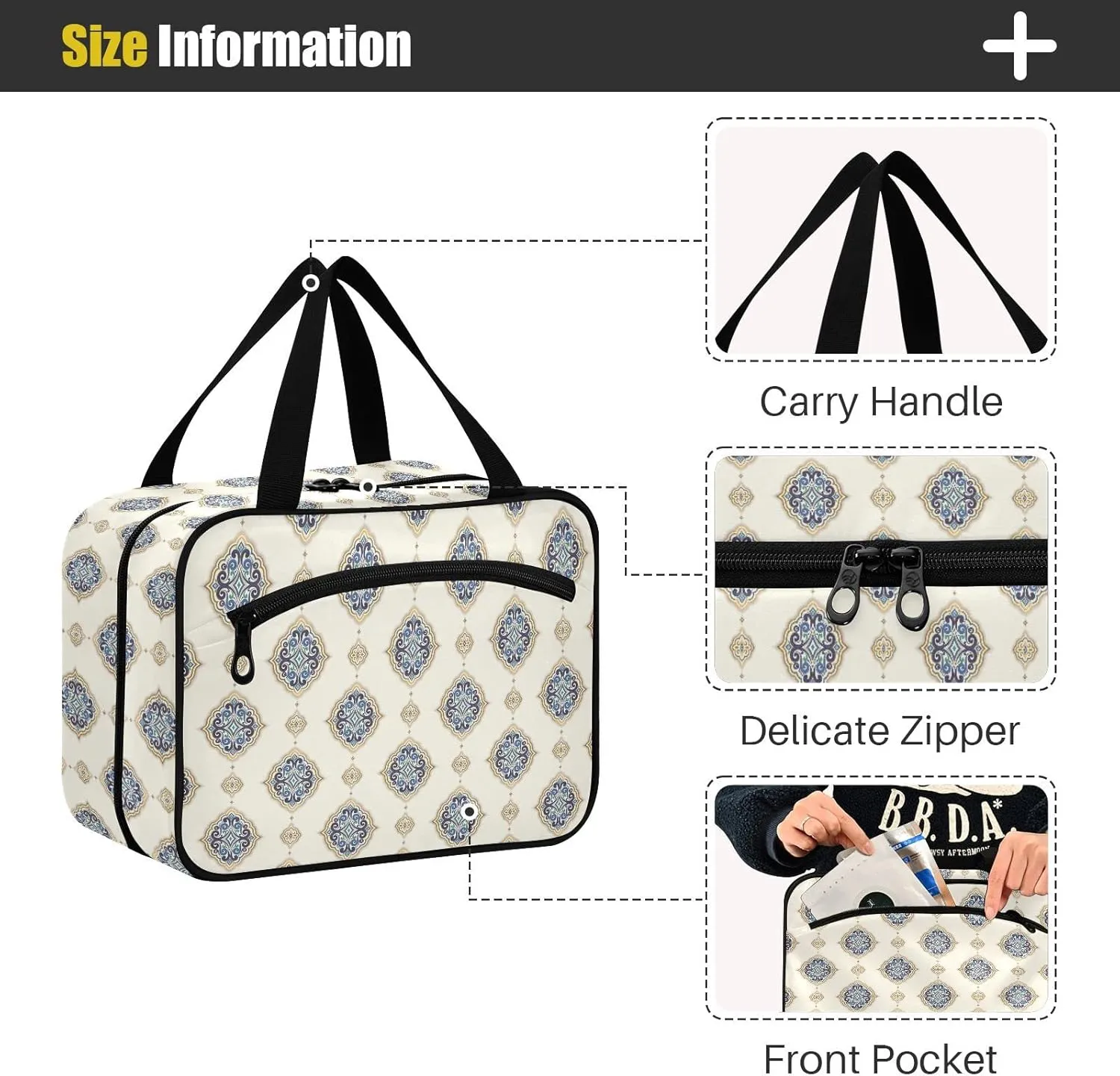 linqin Toiletry Bag for Travel, Blue Gold Luxury Makeup Bag Large Cosmetic Bag Organizer with Hanging Hook for Women Men