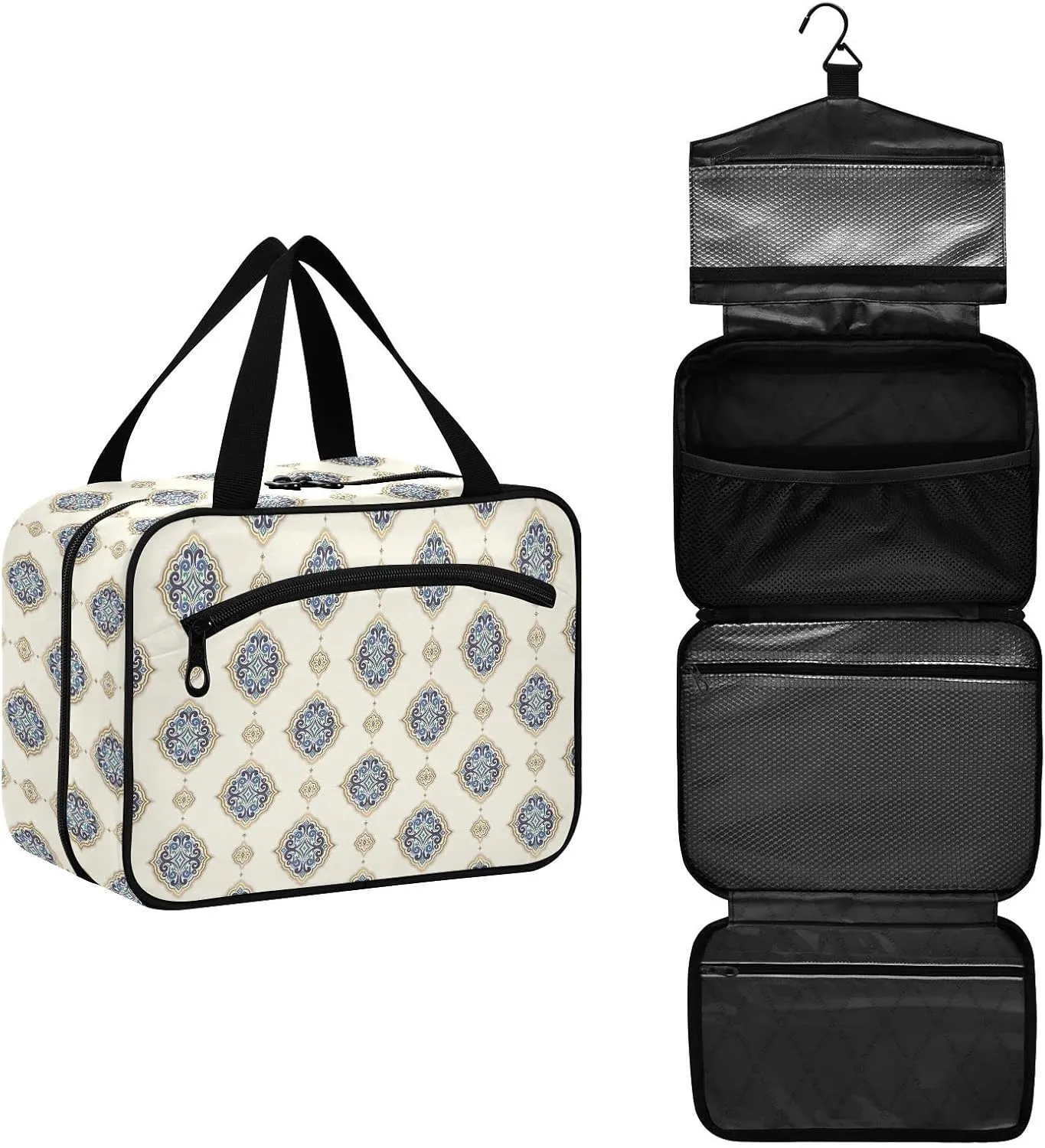 linqin Toiletry Bag for Travel, Blue Gold Luxury Makeup Bag Large Cosmetic Bag Organizer with Hanging Hook for Women Men