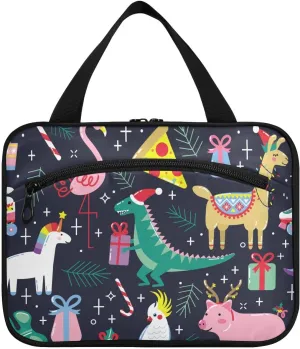 linqin Toiletry Bag for Travel, Cartoon Happy Christmas Animals Makeup Bag Large Cosmetic Bag Organizer with Hanging Hook for Women Men