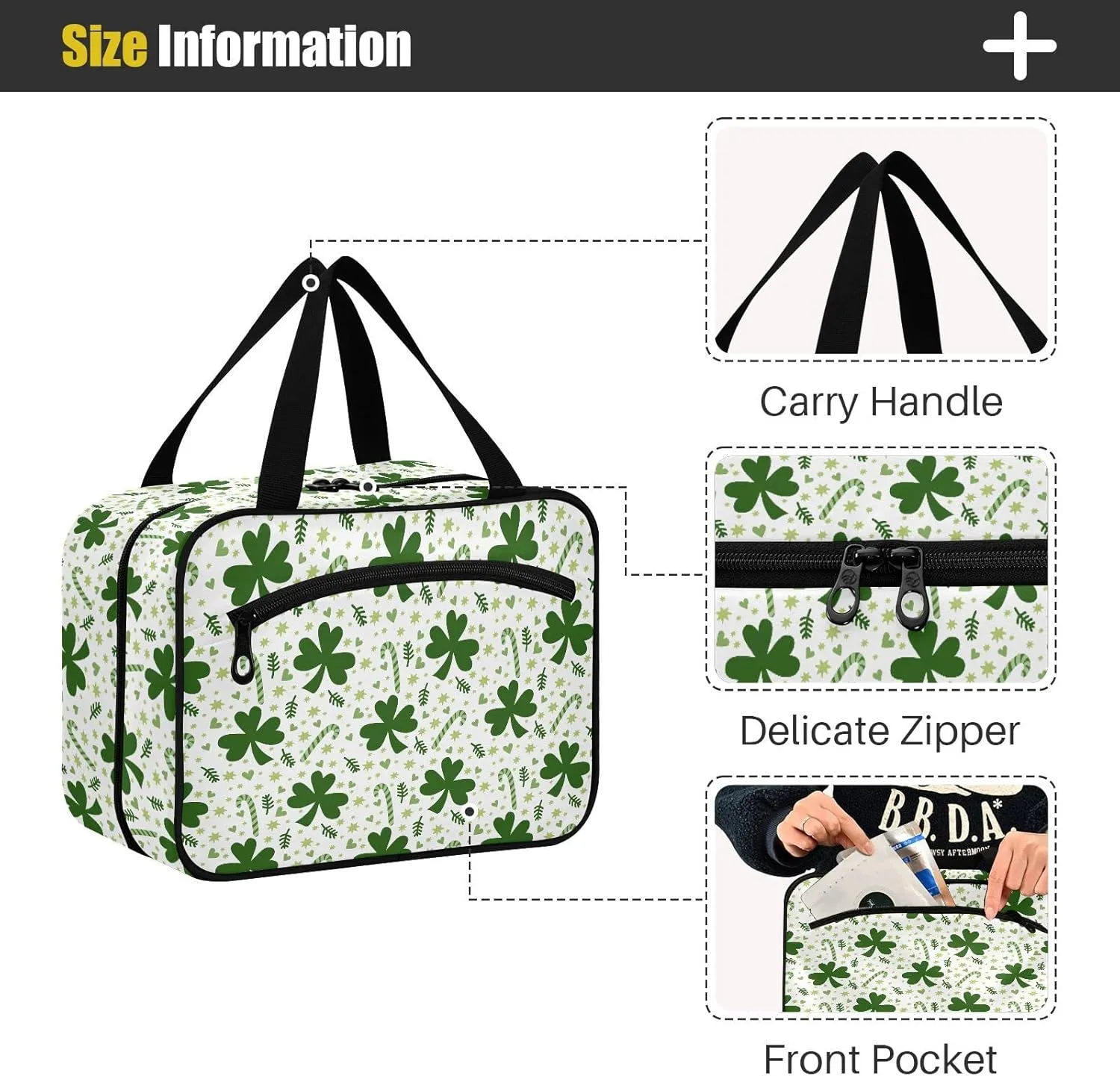 linqin Toiletry Bag for Travel, Clover Leaves Makeup Bag Large Cosmetic Bag Organizer with Hanging Hook for Women Men
