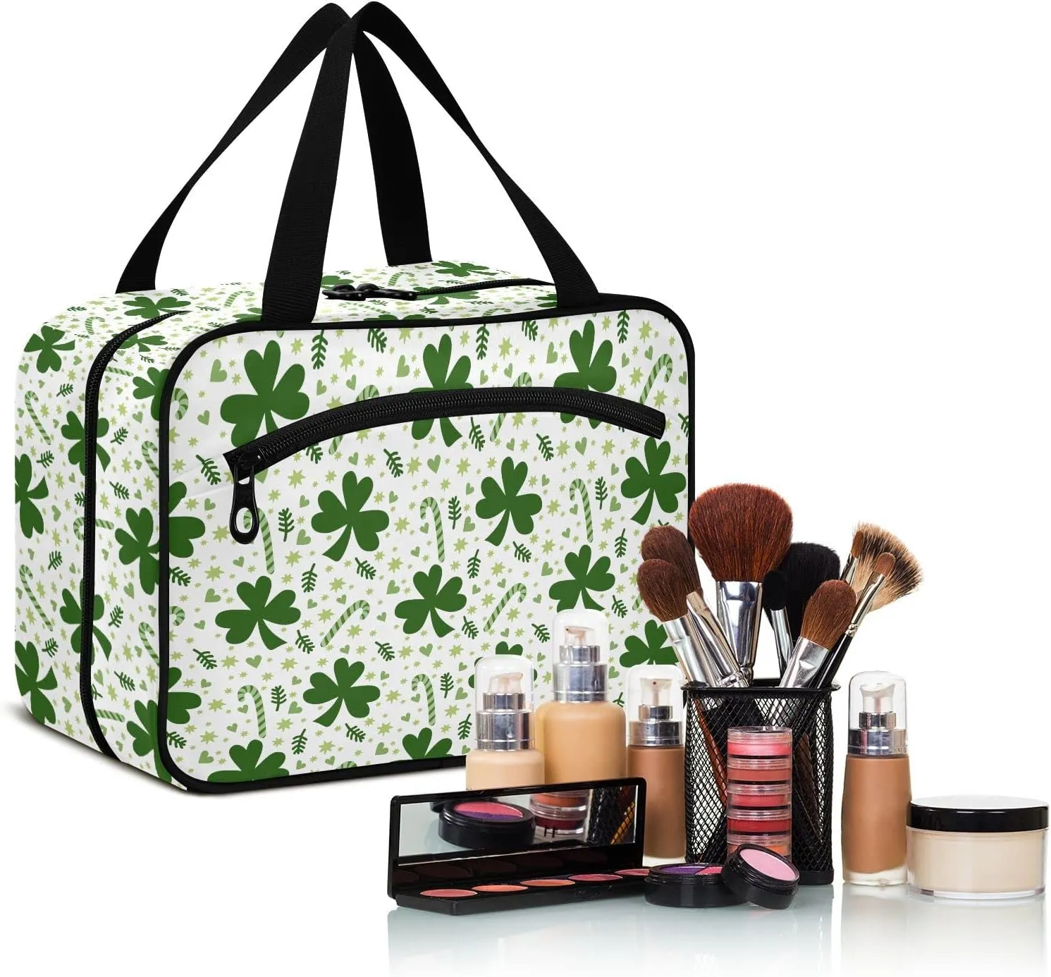 linqin Toiletry Bag for Travel, Clover Leaves Makeup Bag Large Cosmetic Bag Organizer with Hanging Hook for Women Men