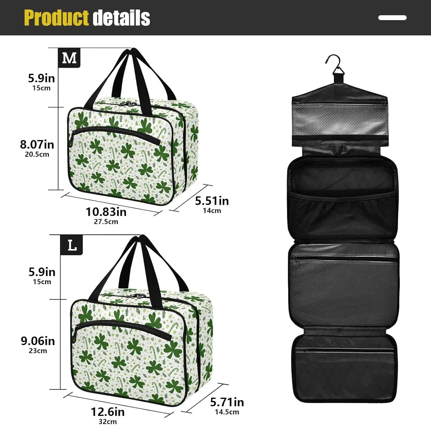 linqin Toiletry Bag for Travel, Clover Leaves Makeup Bag Large Cosmetic Bag Organizer with Hanging Hook for Women Men