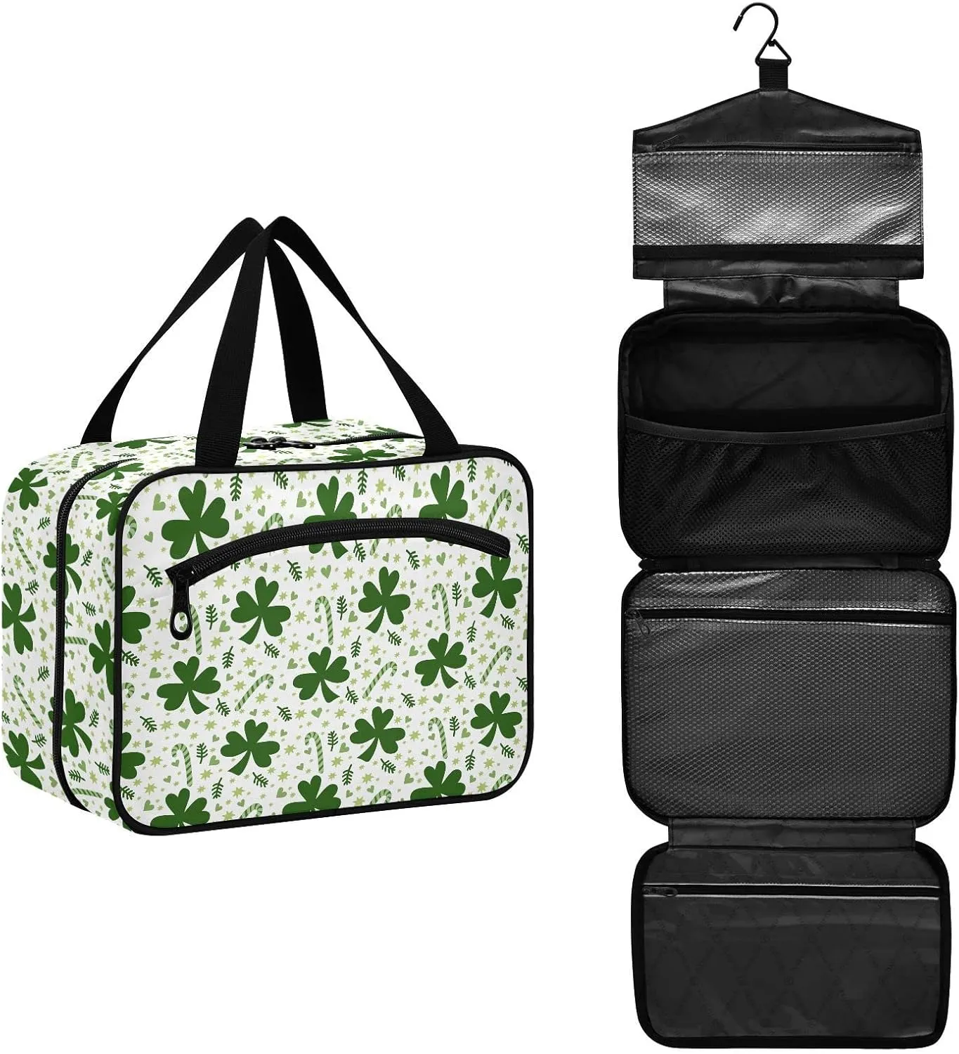 linqin Toiletry Bag for Travel, Clover Leaves Makeup Bag Large Cosmetic Bag Organizer with Hanging Hook for Women Men