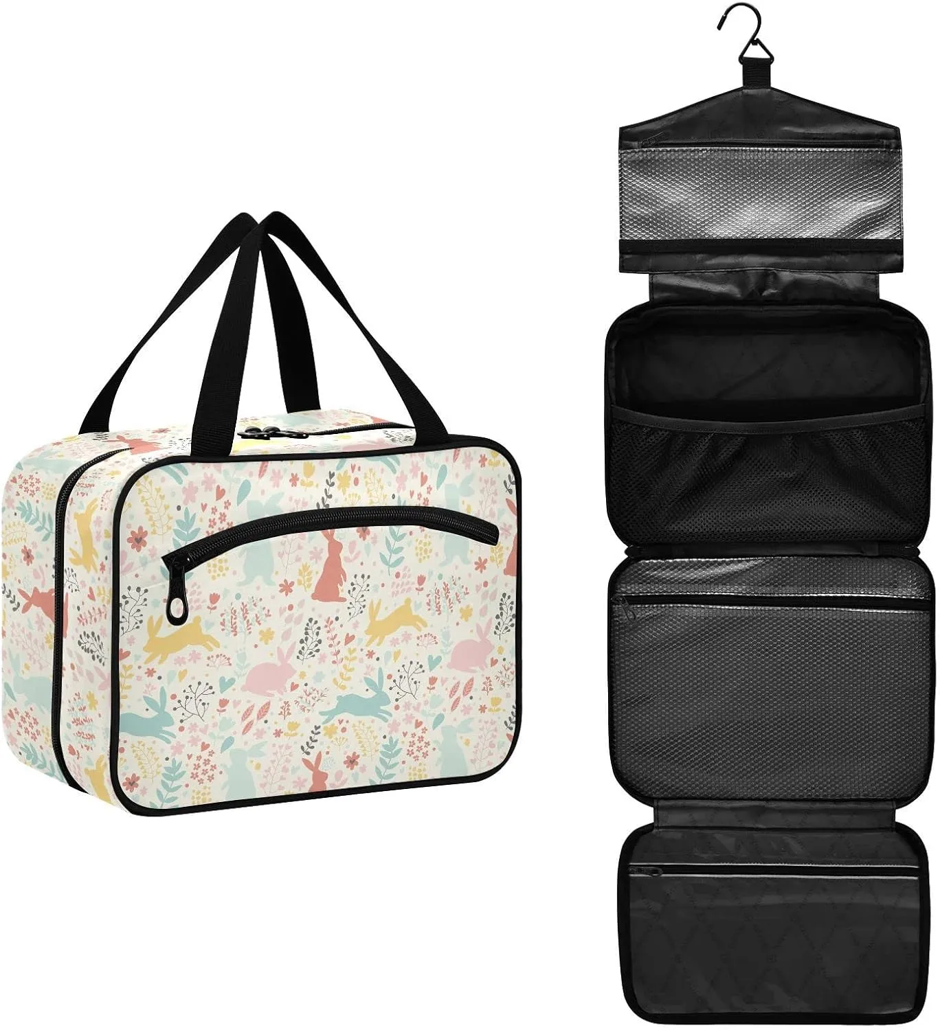 linqin Toiletry Bag for Travel, Colorful Rabbits Makeup Bag Large Cosmetic Bag Organizer with Hanging Hook for Women Men