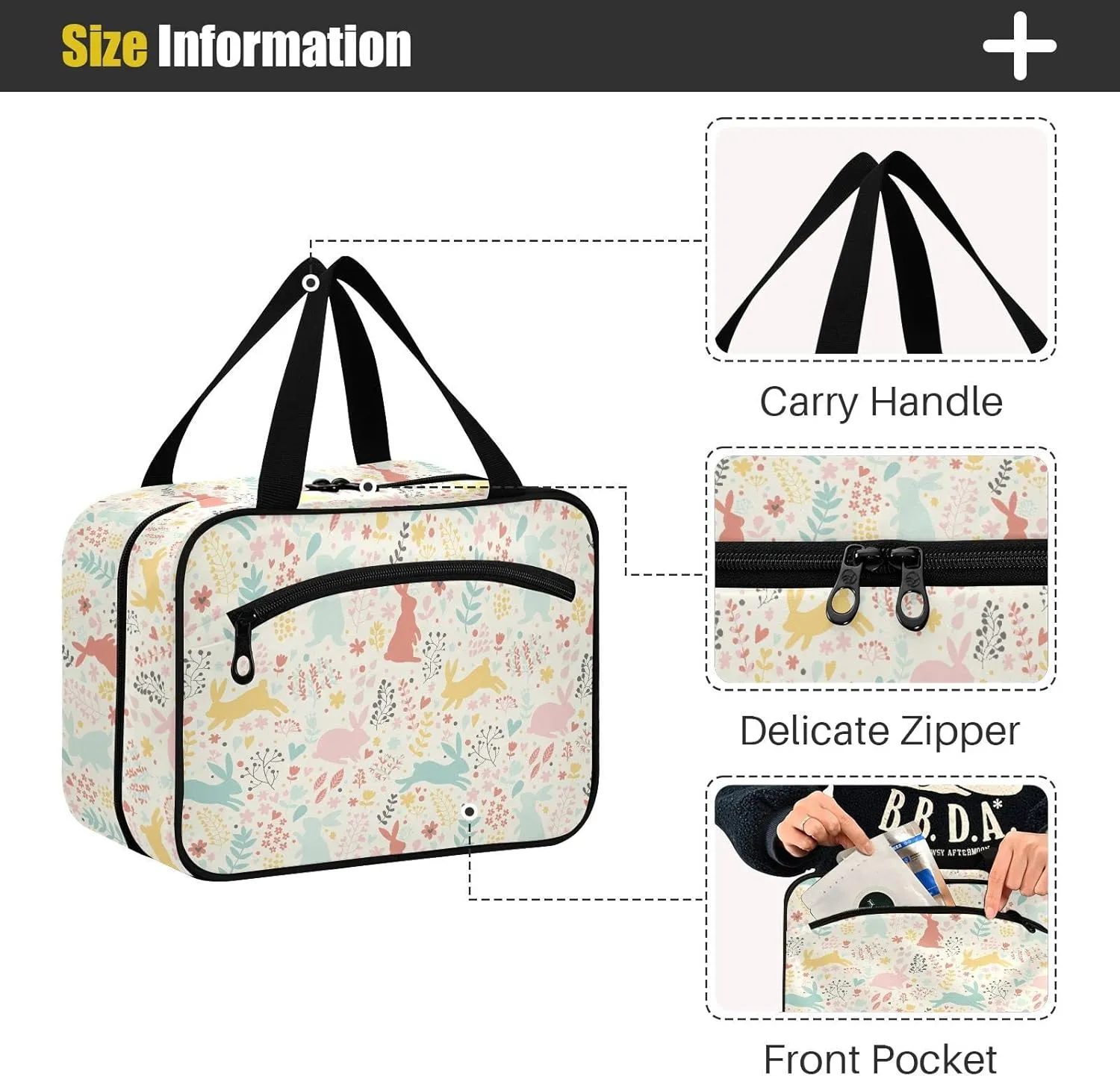 linqin Toiletry Bag for Travel, Colorful Rabbits Makeup Bag Large Cosmetic Bag Organizer with Hanging Hook for Women Men