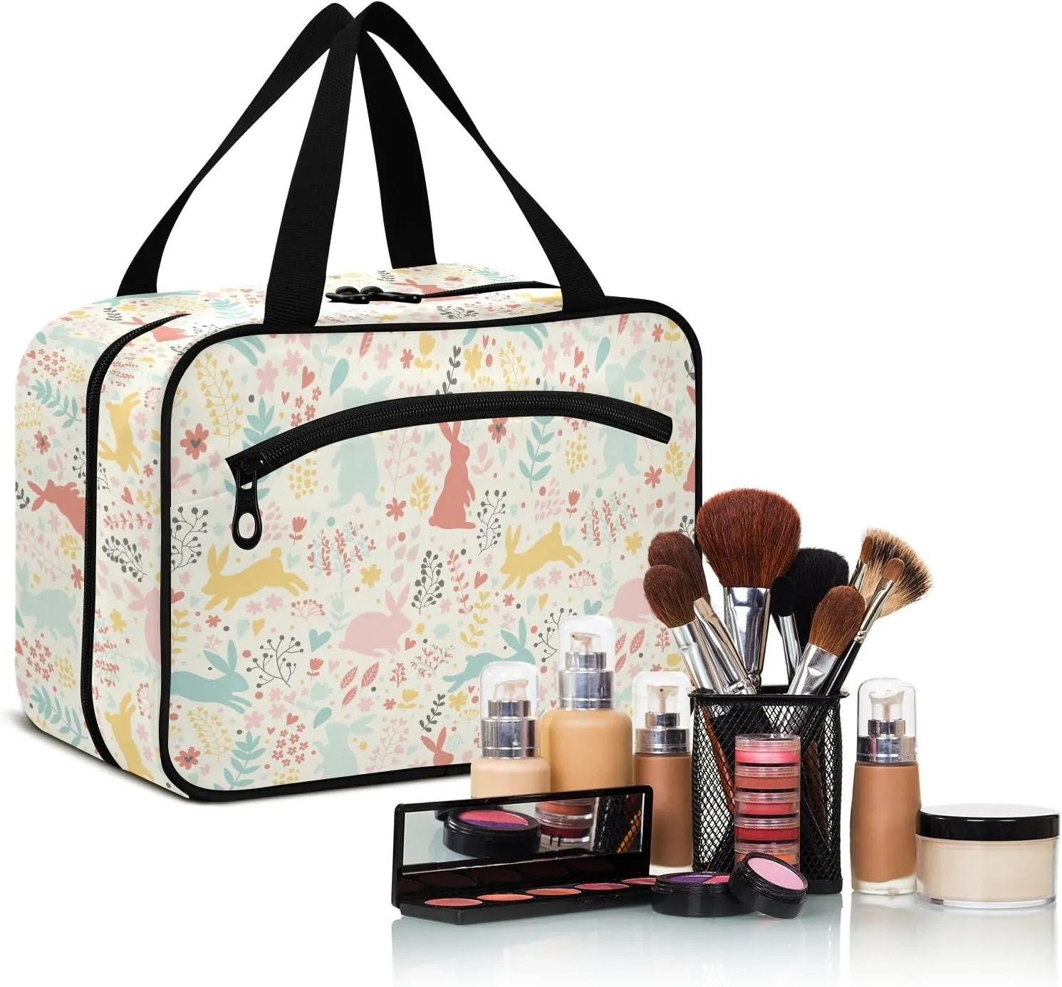 linqin Toiletry Bag for Travel, Colorful Rabbits Makeup Bag Large Cosmetic Bag Organizer with Hanging Hook for Women Men