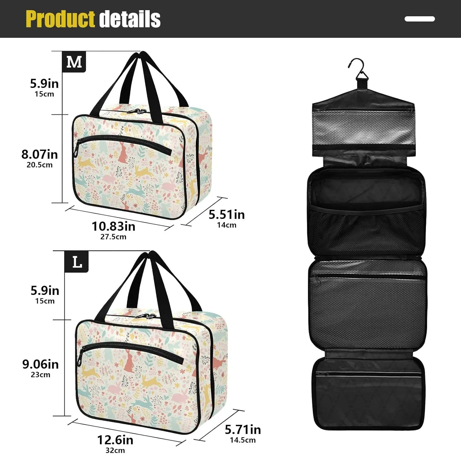 linqin Toiletry Bag for Travel, Colorful Rabbits Makeup Bag Large Cosmetic Bag Organizer with Hanging Hook for Women Men