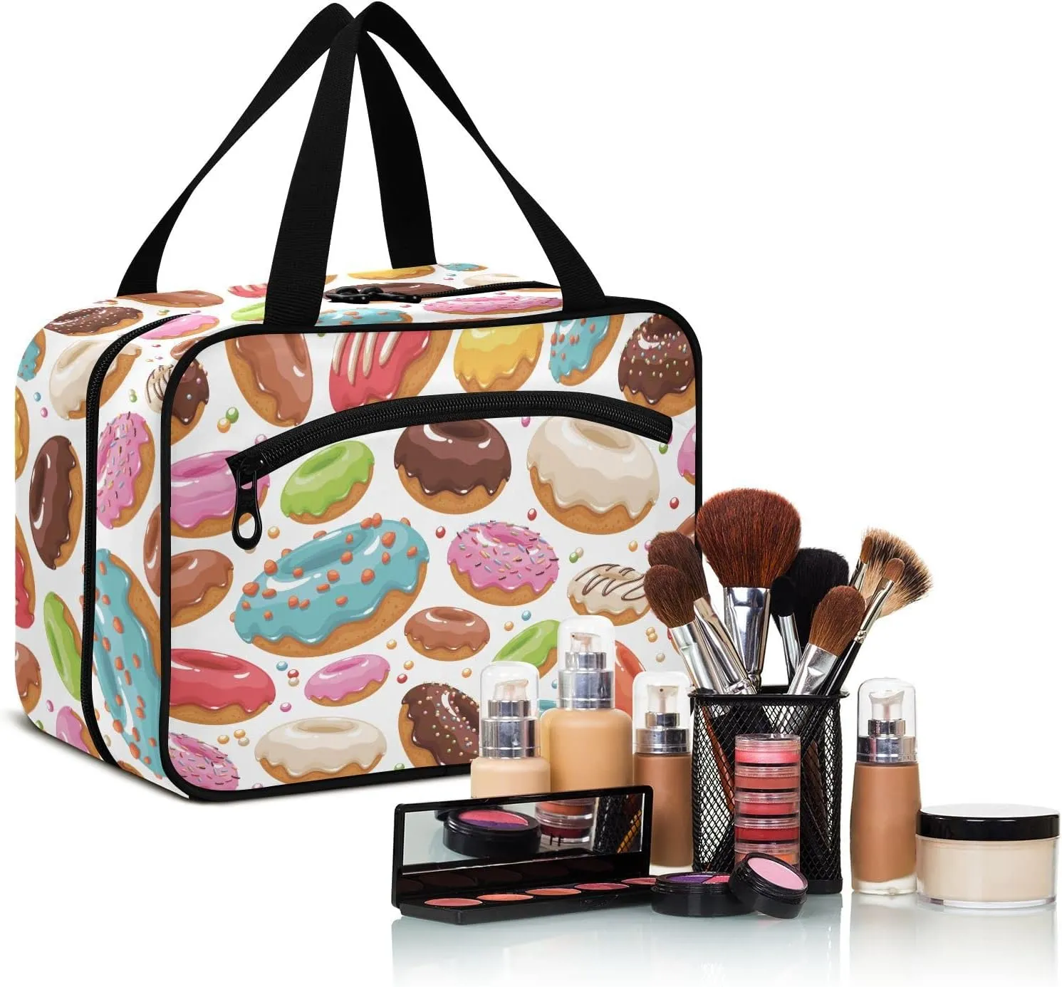 linqin Toiletry Bag for Travel, Donut Happy Makeup Bag Large Cosmetic Bag Organizer with Hanging Hook for Women Men