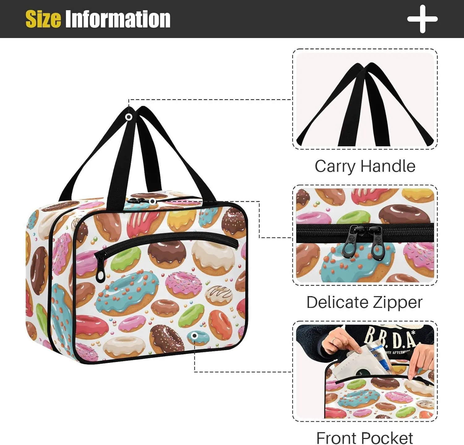 linqin Toiletry Bag for Travel, Donut Happy Makeup Bag Large Cosmetic Bag Organizer with Hanging Hook for Women Men
