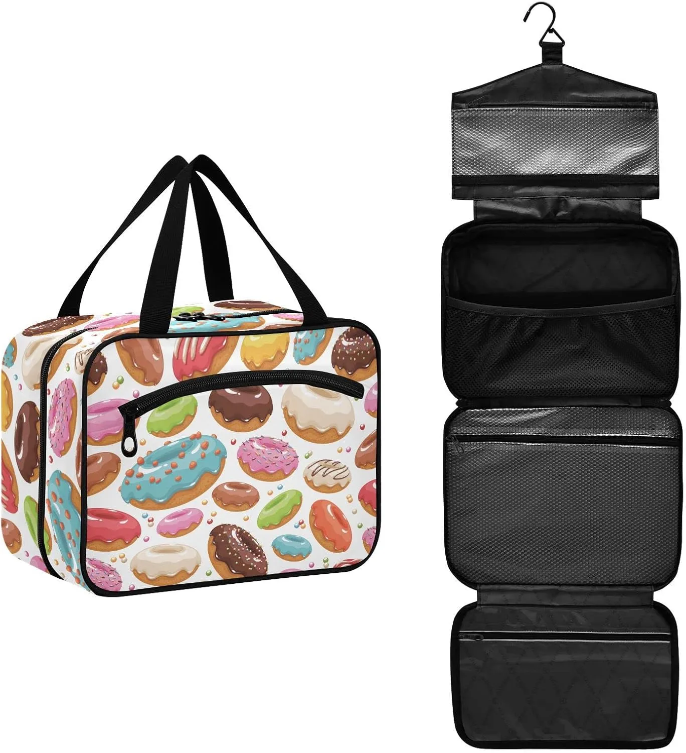 linqin Toiletry Bag for Travel, Donut Happy Makeup Bag Large Cosmetic Bag Organizer with Hanging Hook for Women Men