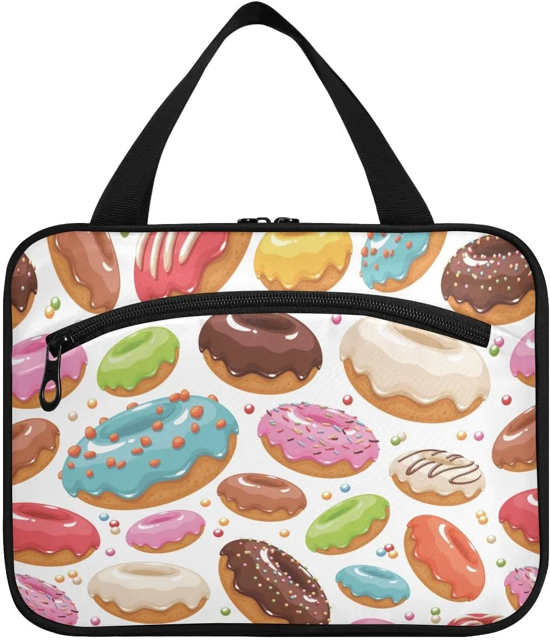 linqin Toiletry Bag for Travel, Donut Happy Makeup Bag Large Cosmetic Bag Organizer with Hanging Hook for Women Men