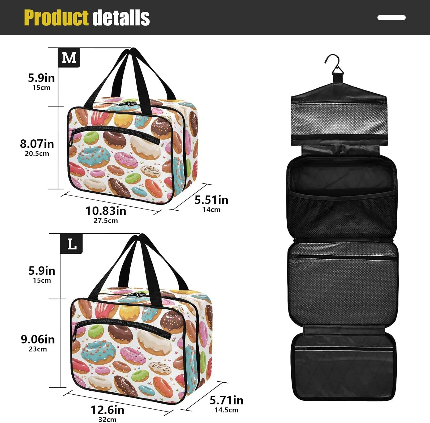 linqin Toiletry Bag for Travel, Donut Happy Makeup Bag Large Cosmetic Bag Organizer with Hanging Hook for Women Men
