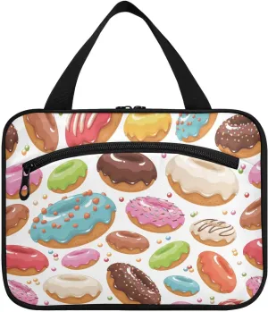 linqin Toiletry Bag for Travel, Donut Happy Makeup Bag Large Cosmetic Bag Organizer with Hanging Hook for Women Men