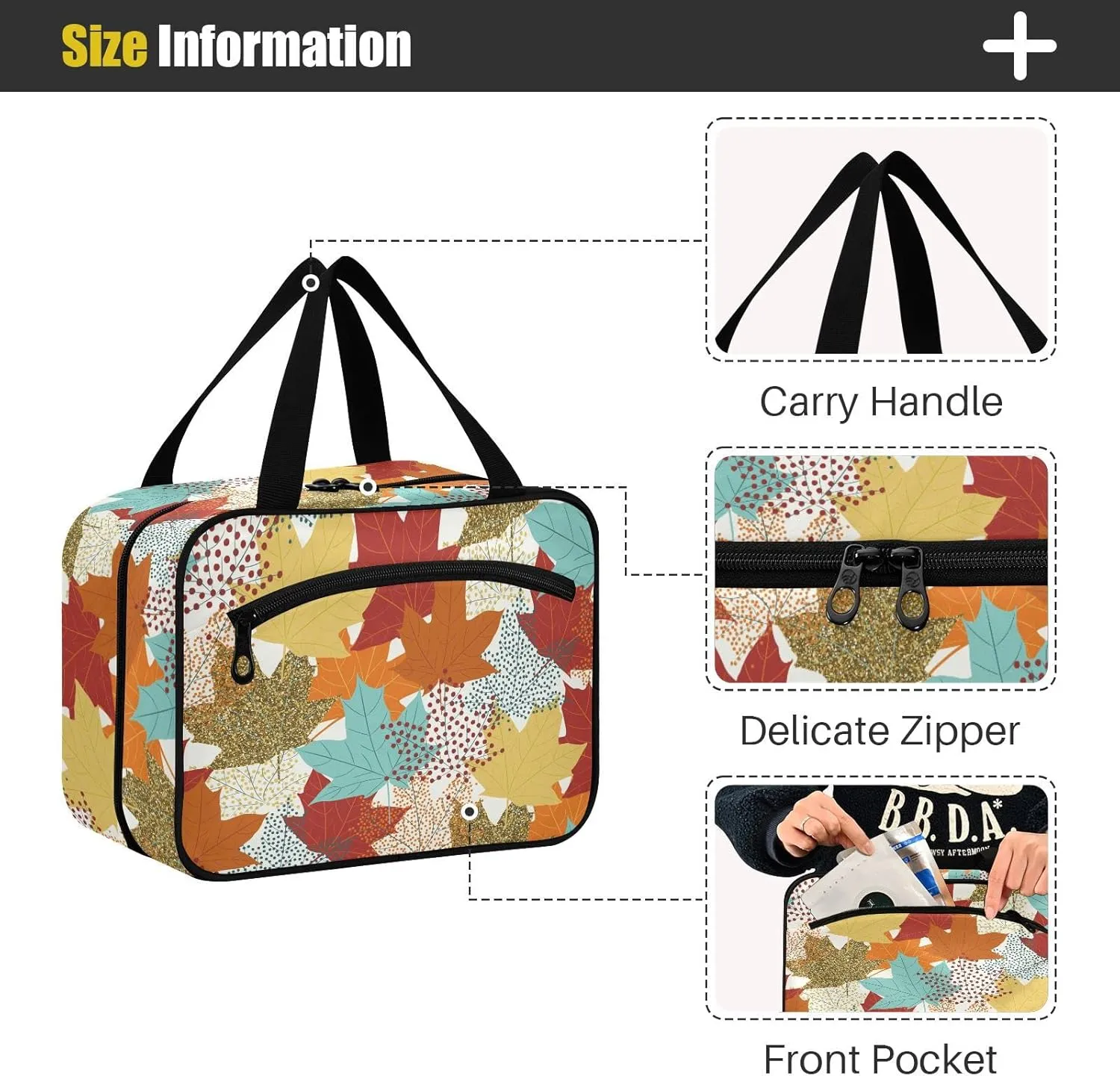 linqin Toiletry Bag for Travel, Fall Maple Leaves Makeup Bag Large Cosmetic Bag Organizer with Hanging Hook for Women Men