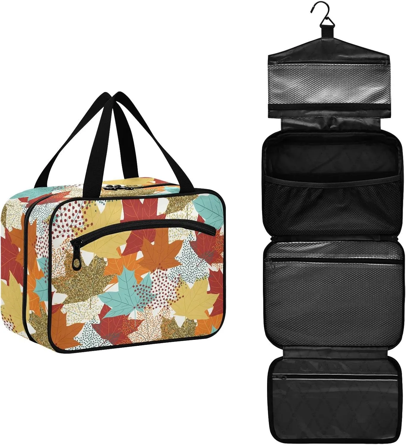linqin Toiletry Bag for Travel, Fall Maple Leaves Makeup Bag Large Cosmetic Bag Organizer with Hanging Hook for Women Men