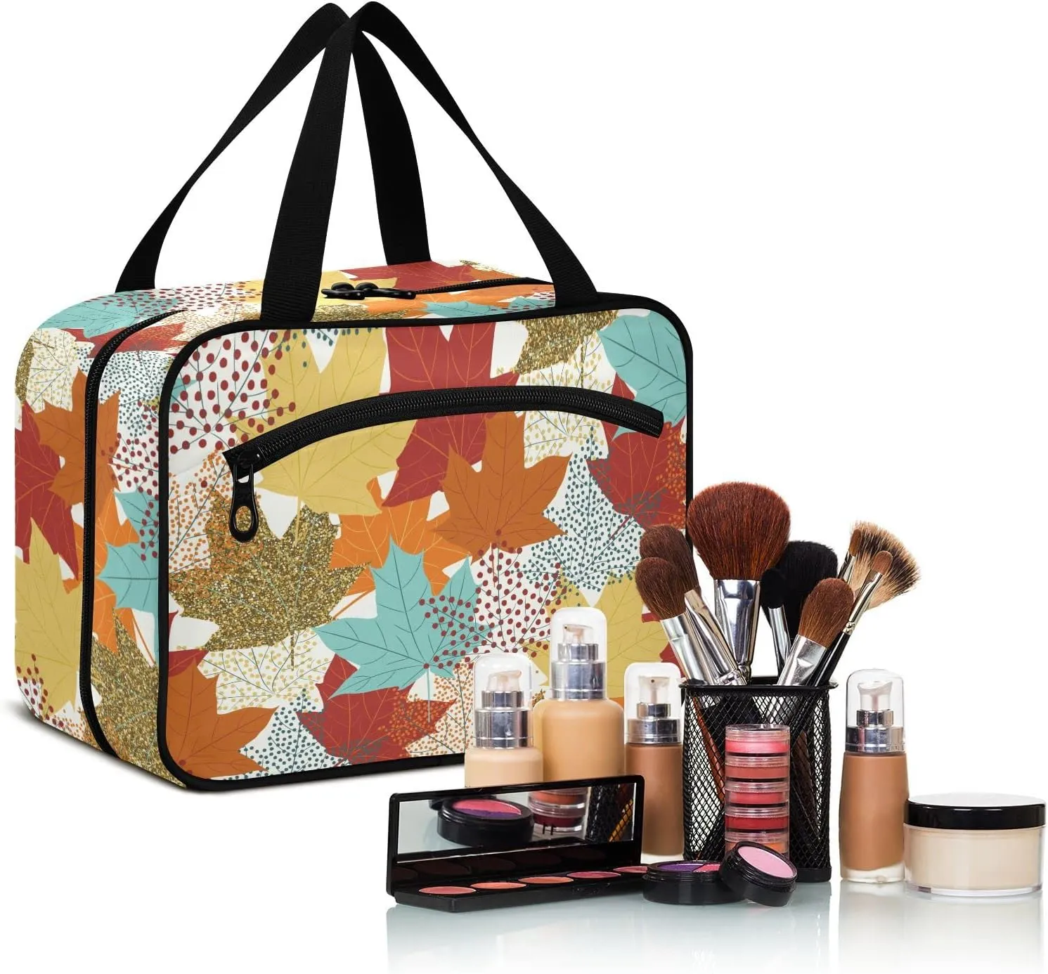 linqin Toiletry Bag for Travel, Fall Maple Leaves Makeup Bag Large Cosmetic Bag Organizer with Hanging Hook for Women Men