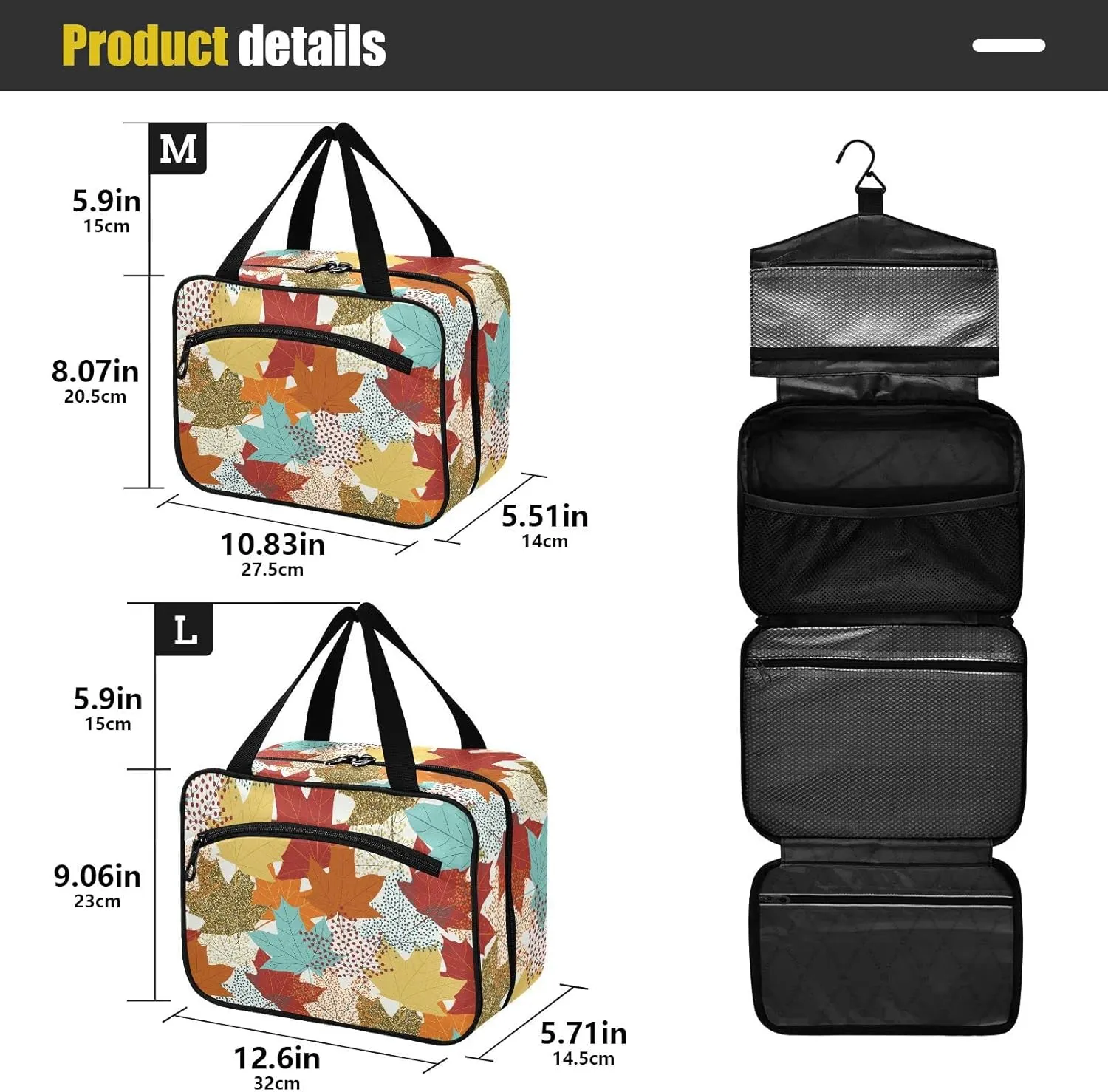 linqin Toiletry Bag for Travel, Fall Maple Leaves Makeup Bag Large Cosmetic Bag Organizer with Hanging Hook for Women Men