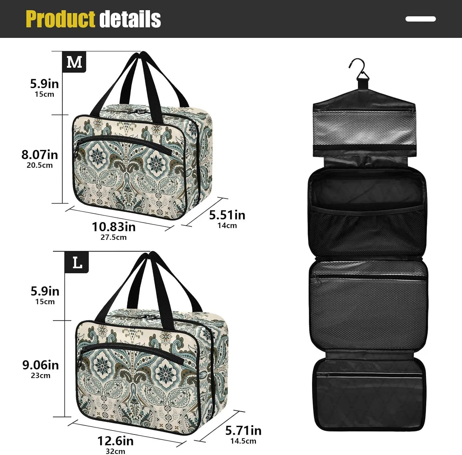 linqin Toiletry Bag for Travel, Floral Paisley Pattern Makeup Bag Large Cosmetic Bag Organizer with Hanging Hook for Women Men