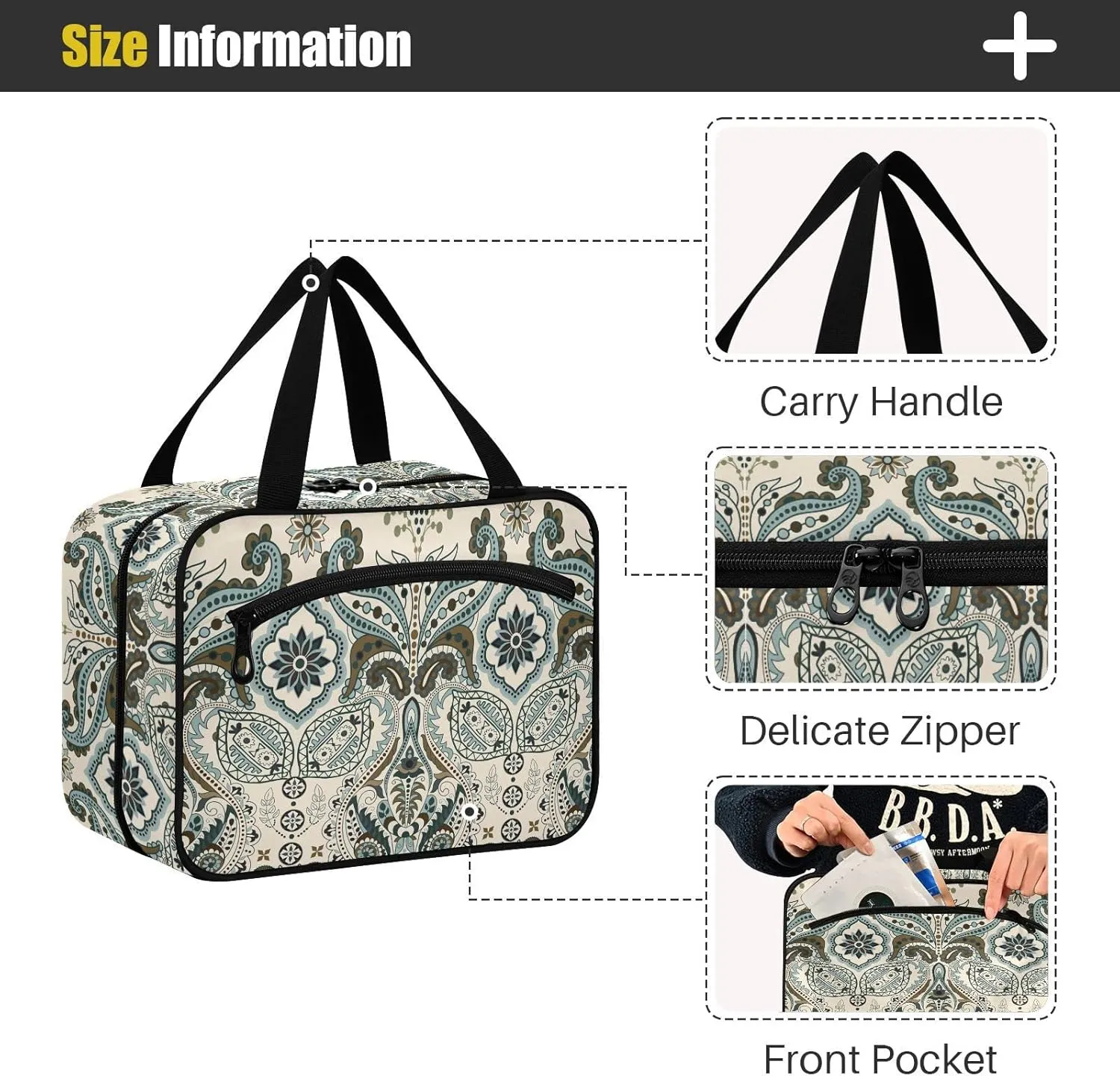 linqin Toiletry Bag for Travel, Floral Paisley Pattern Makeup Bag Large Cosmetic Bag Organizer with Hanging Hook for Women Men