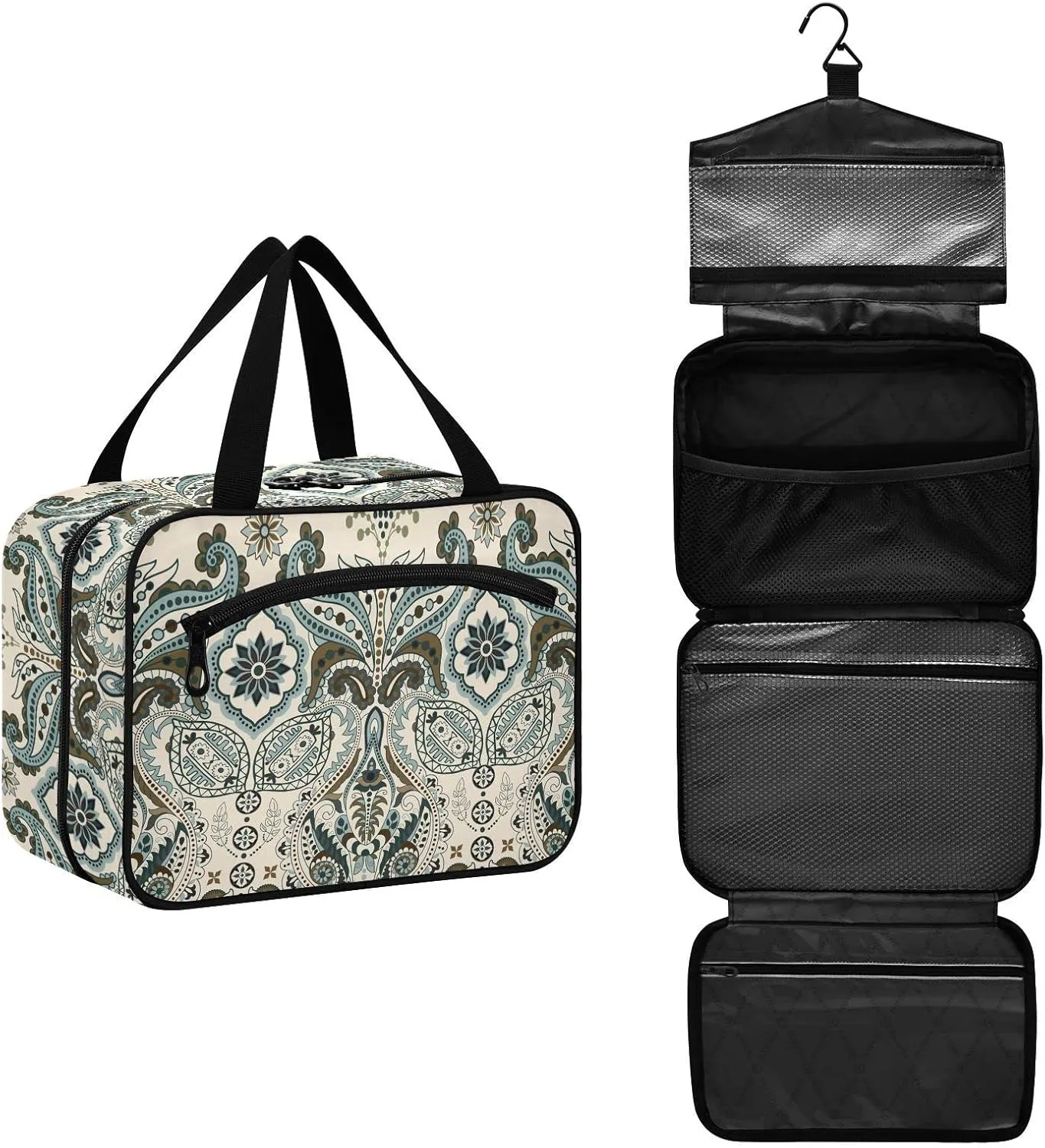 linqin Toiletry Bag for Travel, Floral Paisley Pattern Makeup Bag Large Cosmetic Bag Organizer with Hanging Hook for Women Men