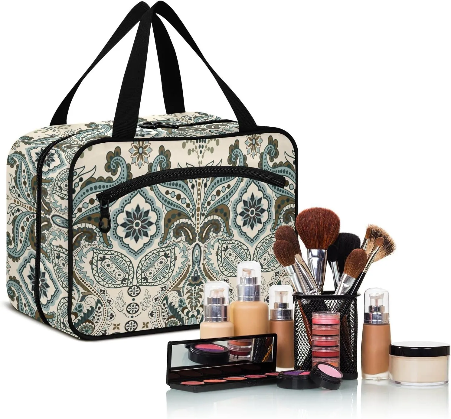 linqin Toiletry Bag for Travel, Floral Paisley Pattern Makeup Bag Large Cosmetic Bag Organizer with Hanging Hook for Women Men