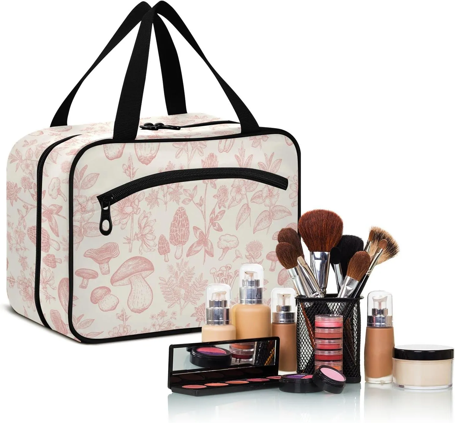 linqin Toiletry Bag for Travel, Forest Botany Mushroom Makeup Bag Large Cosmetic Bag Organizer with Hanging Hook for Women Men